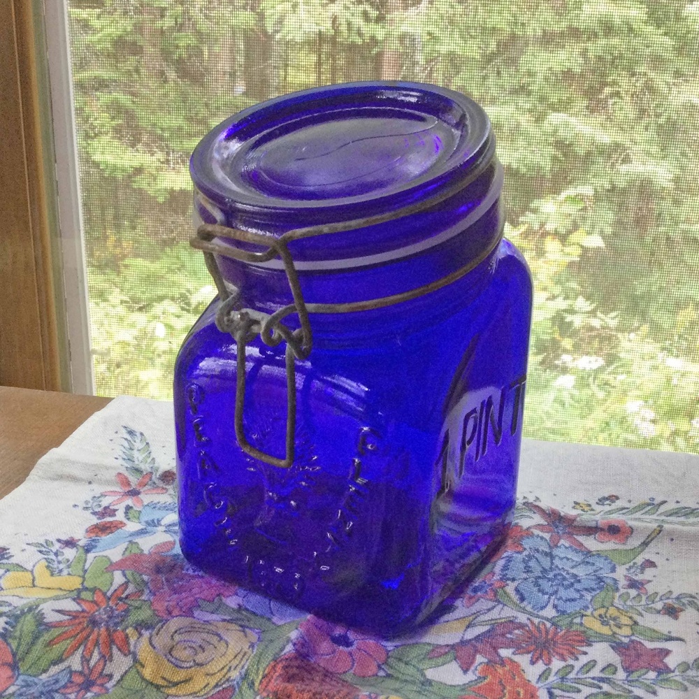 Cobalt Blue Canister Granny's Wire/Bail Slanted Lid Vintage Italy .